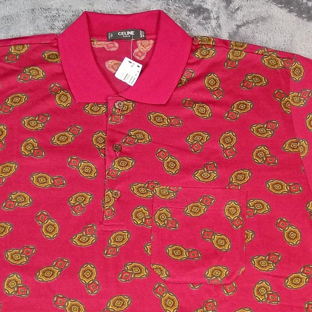 Vintage Celine Paris Mens L Egyptian Cotton Medallion Print Polo Shirt Red Italy
